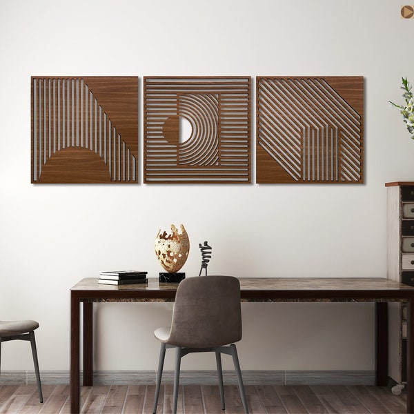 Abstract wood wall art decor, 3 piece geometric wooden wall decoration, Extra large geometric wall art, Abstract triptych wood wall panels