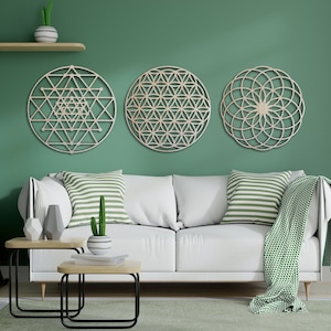 Sacred geometry wood wall art decor, 3 piece geometric mandala wall decoration, Spiritual wall hangings, Sacred wood wall panels