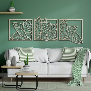 Leaves botanical wood wall art decor, 3 piece large floral wall decoration, Triptych leaves wood wall panels, Wall decor over the bed