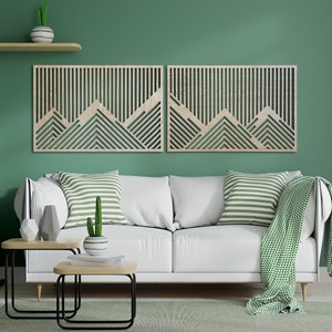 Mountain Wood Wall Art Decor, Wooden Geometric Mountains, Set of 2 Large Mountain Decor, Mountains Wood Wall Panels, Over the Bed Decor