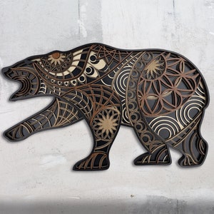Bear Wood Mandala Wall Art Decor - Colorful 3D Bear Mandala Wall Decoration - Large Wooden Wall Hanging