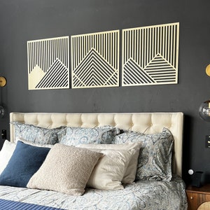Geometric Mountain Wood Wall Art, 3 Panel Wood Wall Decor for Bedroom, Living Room or Entryway, Modern Abstract Laser Cut Wall Hanging