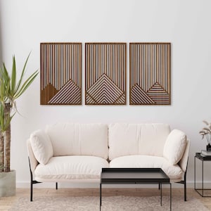 Large wood mountain wall art decor, Mountain with lines geometric wall art, Set of 3 aesthetic wood wall panel, Wooden wall art of mountains