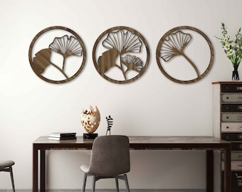 Ginkgo Blätter Holz Wand Kunst Geschenk für zu Hause, 3er Set florale Holz Wand Dekoration über dem Bett Große botanische Holzwandkunst von Ginkgoblatt