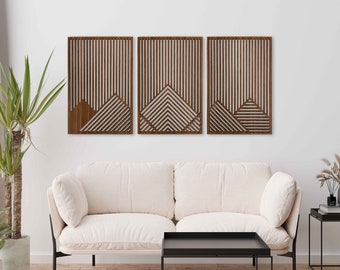 Large wood mountain wall art decor, Mountain with lines geometric wall art, Set of 3 aesthetic wood wall panel, Wooden wall art of mountains