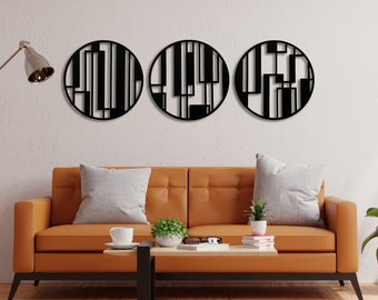 Set of 3 round wood wall art decor, Abstract geometric wooden wall art
