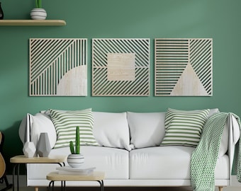 Geometric shapes wood wall art decor, 3 piece wooden wall decoration, Extra large geometric wall art, Abstract triptych wood wall panels