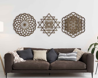 Drewniana sztuka ścienna z motywem świętej geometrii, Zestaw 3 drewnianych obrazów ściennych o tematyce duchowej, Duża drewniana sztuka ścienna zen, Drewniany panel ścienny z geometryczną mandalą, Dar duchowy