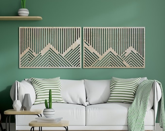 Mountain wood wall art decor, Wooden geometric mountains, Set of 2 large mountain decor, Mountains wood wall panels