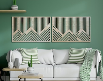 Mountain Wood Wall Art Decor, Wooden Geometric Mountains, Set of 2 Large Mountain Decor, Mountains Wood Wall Panels, Over the Bed Decor