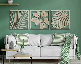 Botanical Wood Wall Art Home Decor, Monstera Leaf and Flower Wooden Wall Art, Tropical Leaves Wood Wall Panels, Anniversary Gift for Her