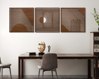 Abstract wood wall art decor, 3 piece geometric wooden wall decoration, Extra large geometric wall art, Abstract triptych wood wall panels