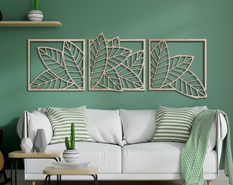 Leaves botanical wood wall art decor, 3 piece large floral wall decoration, Triptych leaves wood wall panels, Wall decor over the bed