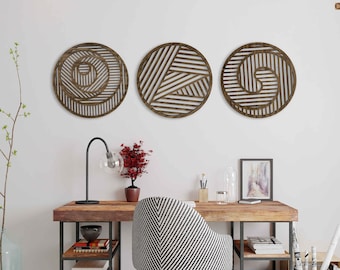 Round wood wall art set of 3, Large geometric circle wall panels, Abstract lines wooden wall art, Aesthetic boho wall art gift for the home