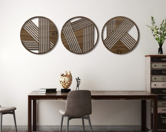 3 piece round wood wall art decor, Large geometric wall art, Abstract strings wall art, Aesthetic round wall panels