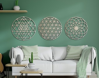 Sacred geometry wood wall art decor, 3 piece geometric mandala wall decoration, Spiritual wall hangings, Sacred wood wall panels