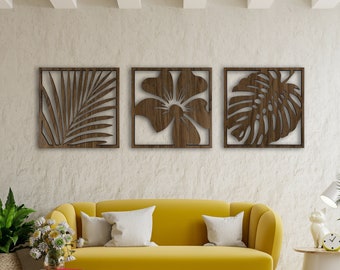 Floral Wall Art, Flower Wall Decor, Botanical Wall Art, Monstera, Plant Art, Wood Wall Art, 3 Piece Wall Art, Large Wall Art, Wall Hangings