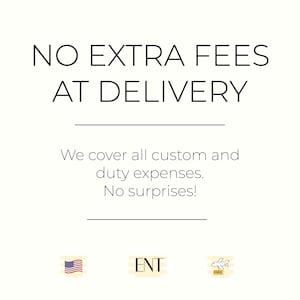 May include: A cream-colored graphic with the text "NO EXTRA FEES AT DELIVERY." Below, it states, "We cover all custom and duty expenses. No surprises!" The image includes a small American flag icon and a plane icon.