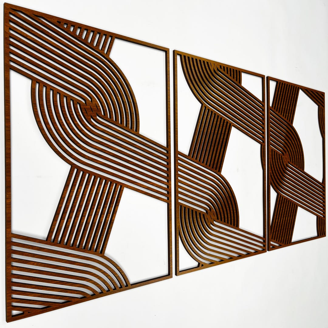 Abstract Wood Wall Art Set of 3, Geometric Overlapping Stripe Pattern ...