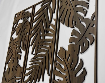 Wood wall art of monstera leaves Tropical 3 piece wood wall decor bedroom Botanical wood wall panel Living room wooden wall art decor gift