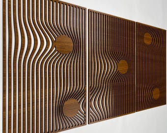 Abstract Wood Wall Art with Set of 3 Gravity Flow, Scandinavian Mid Century Modern Wall Panels, Minimalist Wooden Wall Decor, Home Gifts #98