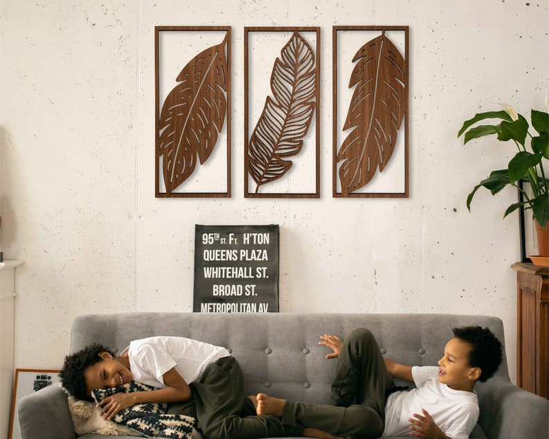 Tropical Leaves Wood Wall Art, 3 Panel Wood Wall Decor Over the Bed, Wooden Plant Artwork for Walls, Handmade Living Room Wall Art Gift 28 image 1