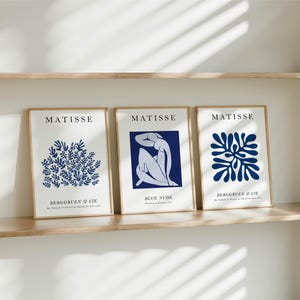 Matisse Prints Abstract Wall Art, Henri Matisse Framed Art Prints, Minimalist Wood Wall Art, Moder Set of 3 Prints, Blue Wall Decor Gift