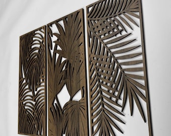 Tropical leaves wood wall art living room Botanical wall art Wood panel floral wall art decor over the bed Set of 3 gift for the home decor