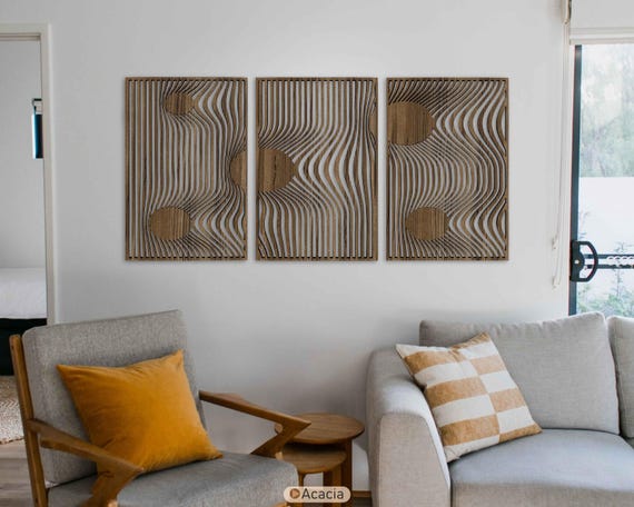Modern Wood Wall Art With Optical Illusion, Oversized Mid Century
