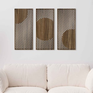 Abstarct Wood Wall Art Living Room, Boho Wood Wall Decor Over the Bed, Geometric Wood Wall Panel, Set of 3 Modern Wooden Wall Art of Sunset