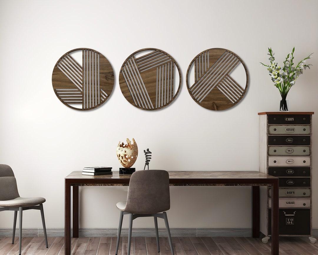 3 Piece Round Wood Wall Art Decor, Large Geometric Wall Art, Abstract ...