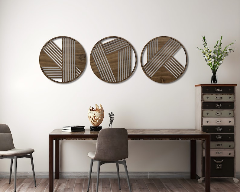 3 Piece Round Wood Wall Art Decor Large Geometric Wall Art Etsy