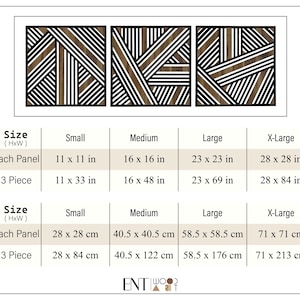 May include: Three-piece geometric wood wall art set with black and brown stripes. The set is available in four sizes: small (11 x 11 inches), medium (16 x 16 inches), large (23 x 23 inches), and x-large (28 x 28 inches).