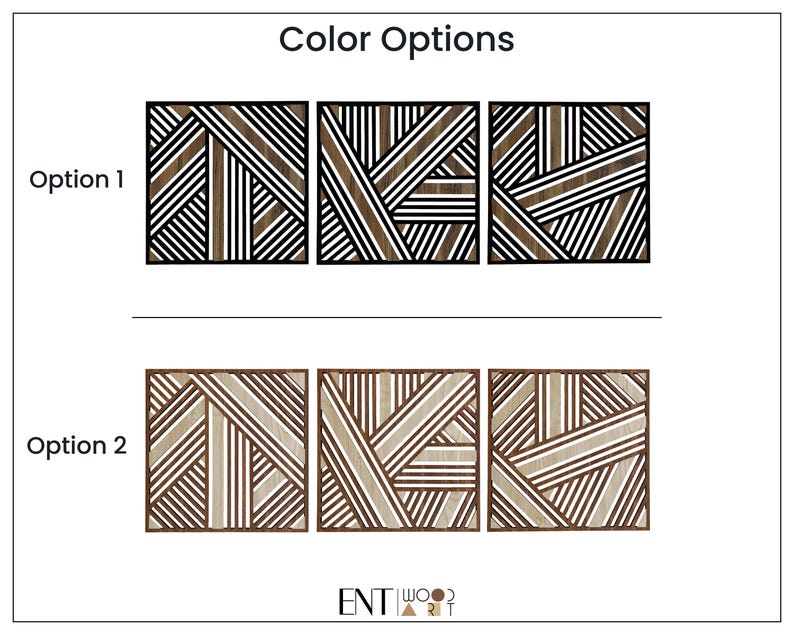May include: Two options for a geometric wood wall art piece. Option 1 features black and white stripes. Option 2 features brown and white stripes.