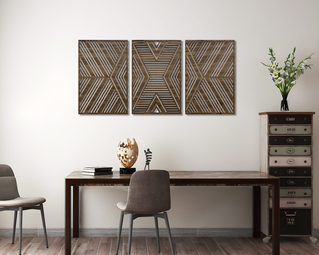 Geometric Patterns Wood Wall Art Decor, 3 Piece Wood Wall Decor, Large ...