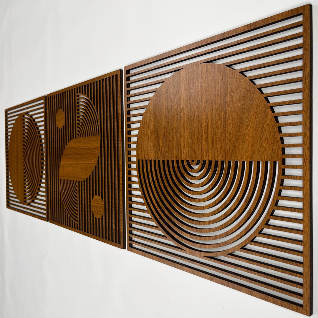 Horizontal Boho Wood Wall Art Large, Set of 3 Mid Century Geometric ...