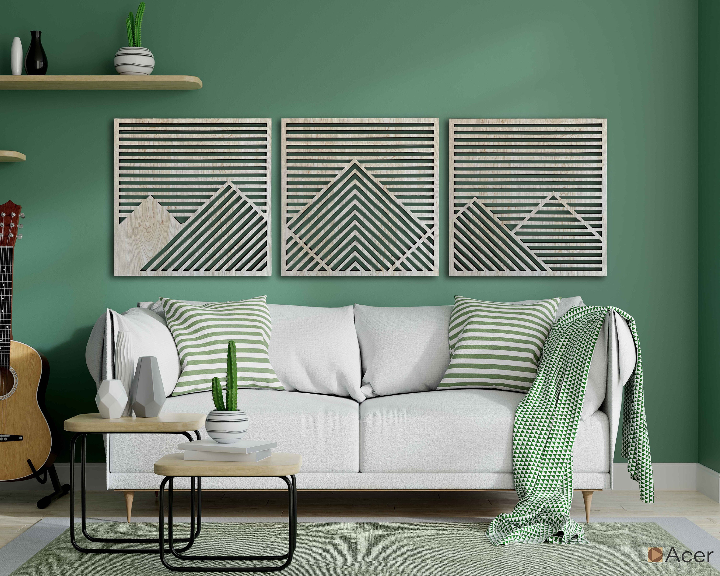 Mountain Wood Wall Art, Set Of 3 Geometric Mountain Panels, Circle Wood