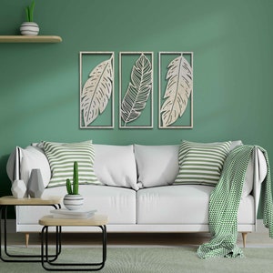 Tropical Leaves Wood Wall Art, 3 Panel Wood Wall Decor Over the Bed, Wooden Plant Artwork for Walls, Handmade Living Room Wall Art Gift 28 image 3