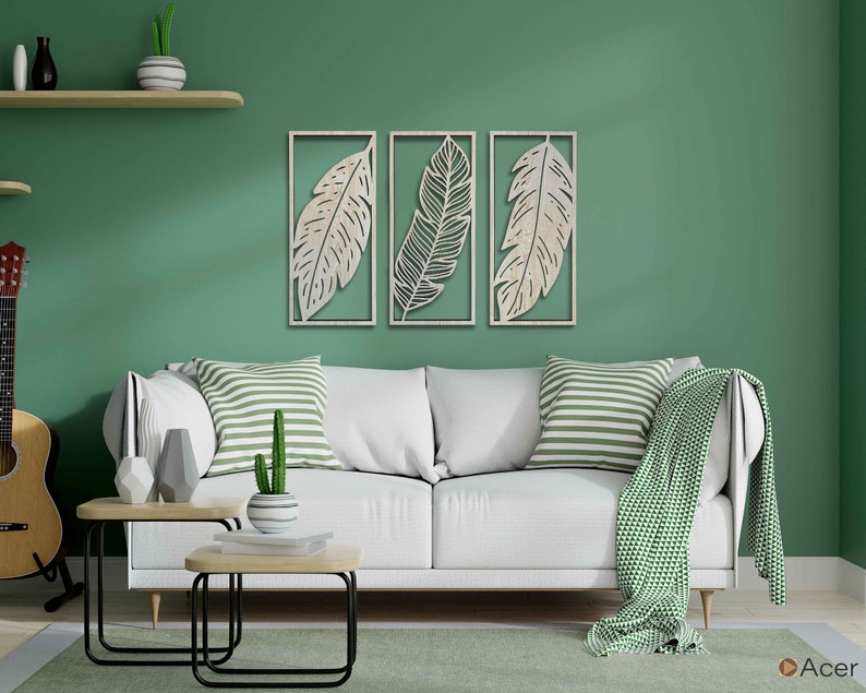 Tropical Leaves Wood Wall Art, 3 Panel Wood Wall Decor Over the Bed, Wooden Plant Artwork for Walls, Handmade Living Room Wall Art Gift 28 image 3