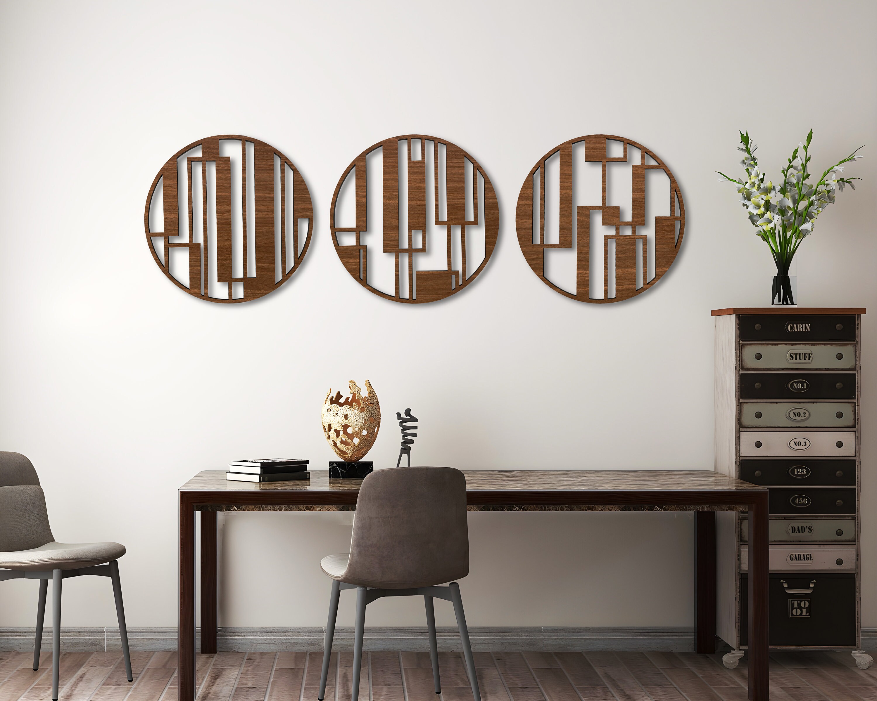 Set of 3 Round Wood Wall Art Decor, Abstract Geometric Wooden Wall Art ...