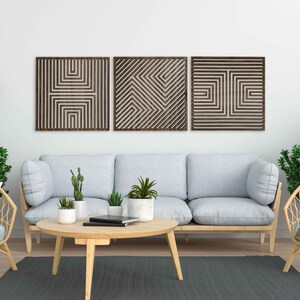 Large Geometric Wood Wall Art Set, 3 Piece Modern Wood Wall Decor Over ...