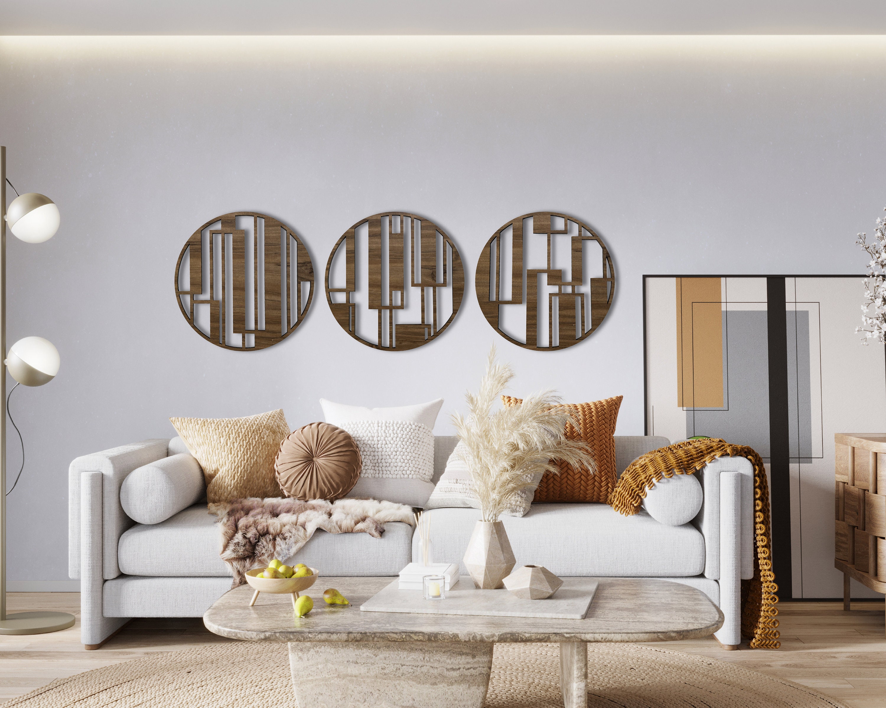 Set of 3 Round Wood Wall Art Decor, Abstract Geometric Wooden Wall Art ...