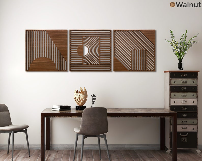 Abstract Wood Wall Art Decor 3 Piece Geometric Wooden Wall Etsy