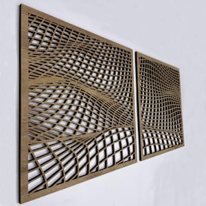 Arte de parede em madeira ondulada, Arte de parede abstrata em madeira, Decoração de parede em madeira sobre a cama, Painel de parede de madeira para casa moderna, Conjunto de 2 esculturas de parede em madeira