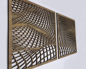 May include: Two wooden wall panels with a geometric, grid-like design. The panels are made of light brown wood and have a wavy, abstract pattern.