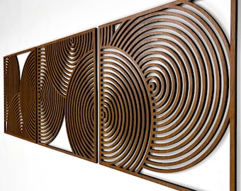 Großes Midcentury Modern Holz Wand Kunst Trio, geometrische Holzplatten mit mutigen kreisförmigen Ausschnitten, Boho Wohnzimmer Dekor über Sofa oder Bett #83