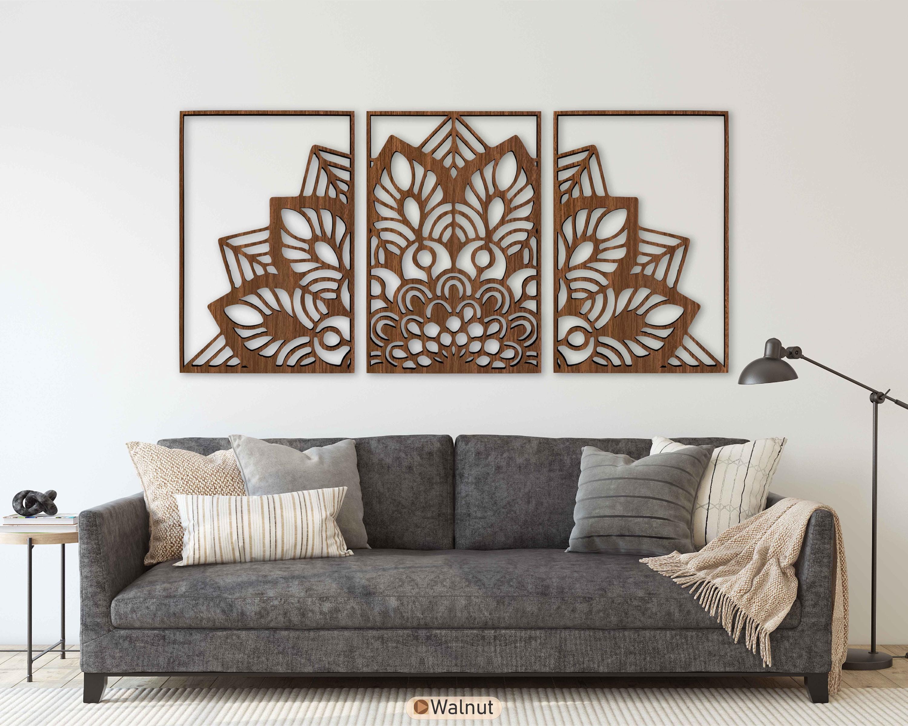 Sacred Lotus Mandala Wood Wall Art Triptych, Modern Zen Interior Wooden ...