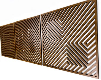 Geometric Wood Wall Art Large, 3D Optical Illusion Wooden Wall Art Modern, Abstract Wood Wall Decor Over the Bed, 3 Piece Wood Wall Panels