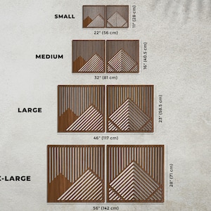 May include: Four sizes of a wooden wall art piece with a geometric mountain design. The sizes are small (22 inches by 11 inches), medium (32 inches by 16 inches), large (46 inches by 23 inches), and x-large (56 inches by 28 inches).