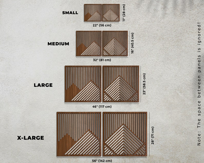 May include: Four sizes of a wooden wall art piece with a geometric mountain design. The sizes are small (22 inches by 11 inches), medium (32 inches by 16 inches), large (46 inches by 23 inches), and x-large (56 inches by 28 inches).